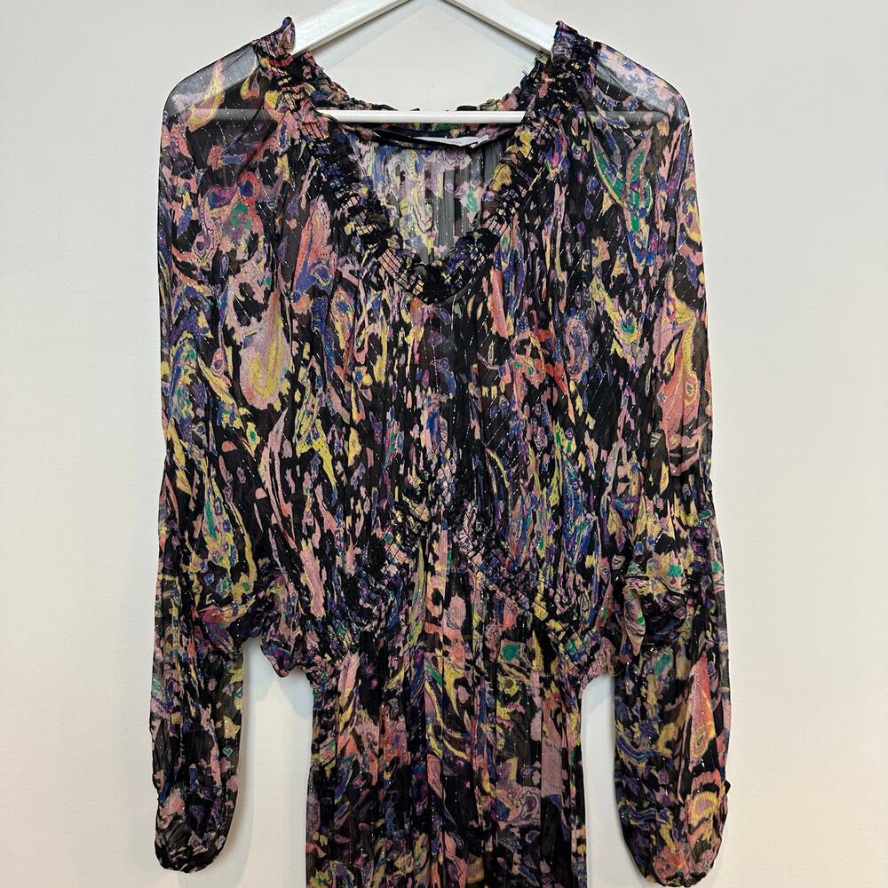 IRO Paris Ramona Dress Ruffle Trimmed Metallic Printed Chiffon Midi 40 - Picture 6 of 11